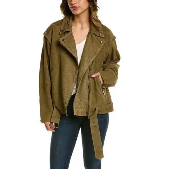 Ted Baker Women's Louiey Perforated Suede Biker Jacket olive sz TB 3 8-10 medium